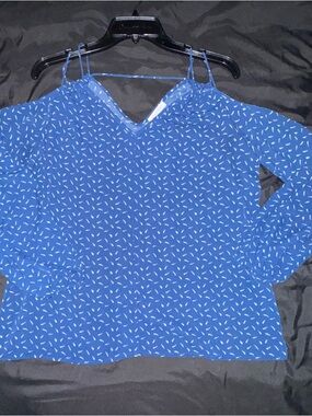 Crescent Blue Printed Cold-Shoulder V-Neck Top